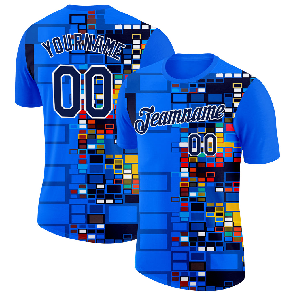 Custom Blue Navy Yellow Red-White Geometric Digital Mosaic Performance T-Shirt