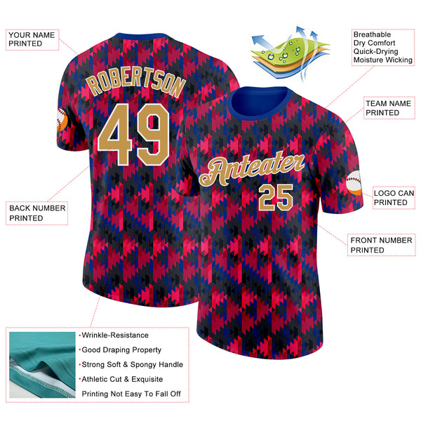Custom Red Old Gold Black Blue-White Geometric Digital Mosaic Performance T-Shirt