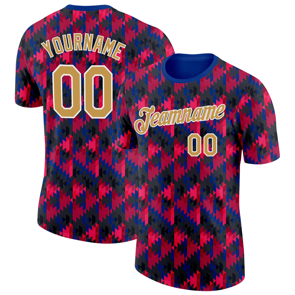 Custom Red Old Gold Black Blue-White Geometric Digital Mosaic Performance T-Shirt