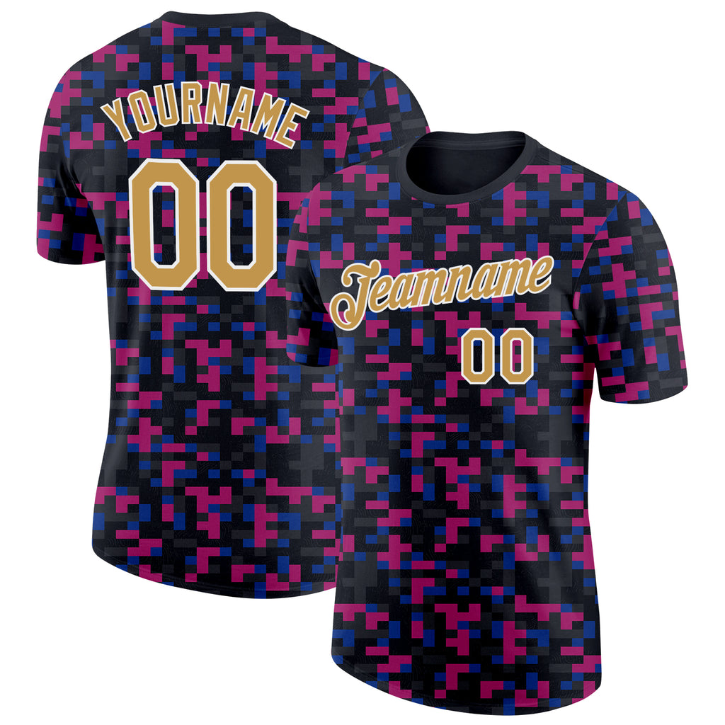 Custom Black Old Gold Red Blue-White Geometric Digital Mosaic Performance T-Shirt