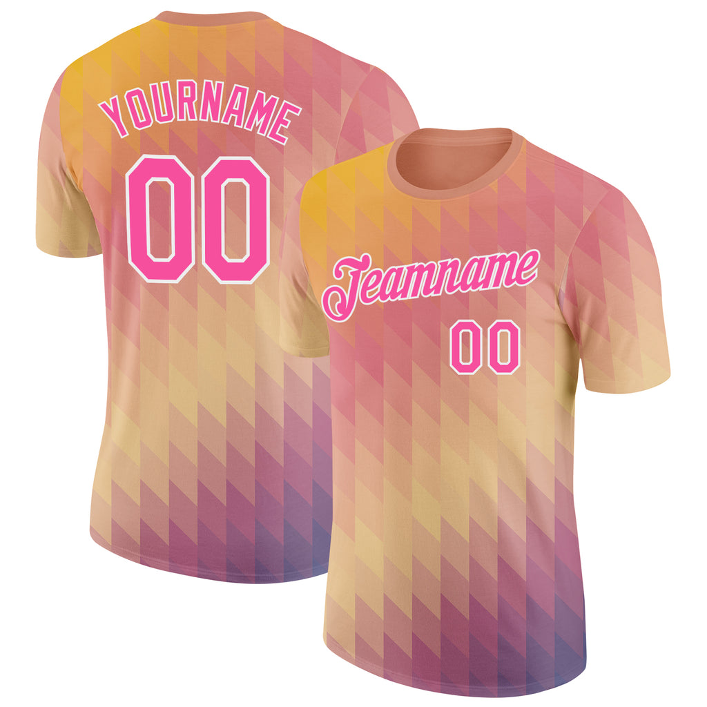 Custom Yellow Pink-White Geometric Gradient Digital Mosaic Performance T-Shirt