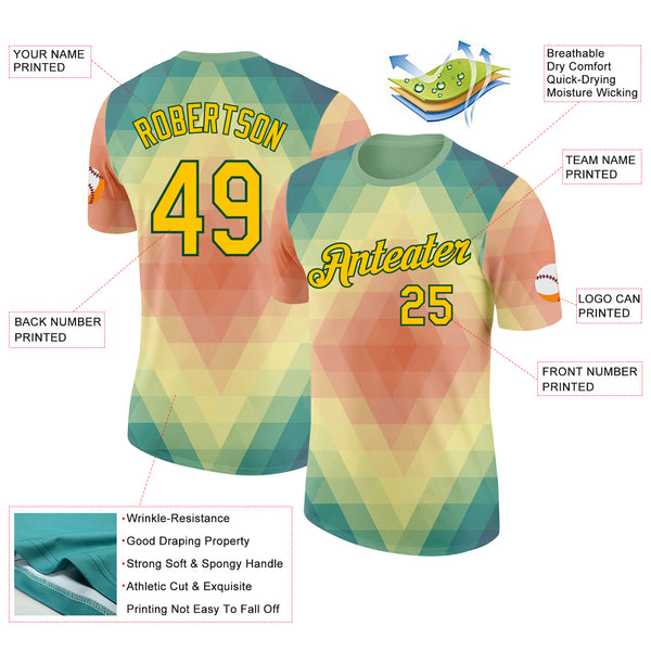 Custom Green Yellow-Pink Geometric Gradient Digital Mosaic Performance T-Shirt