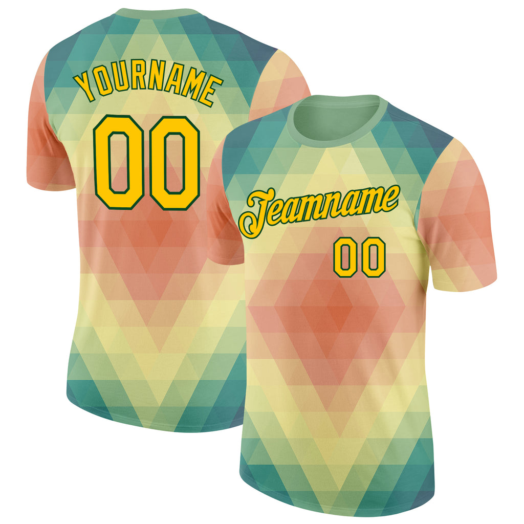 Custom Green Yellow-Pink Geometric Gradient Digital Mosaic Performance T-Shirt