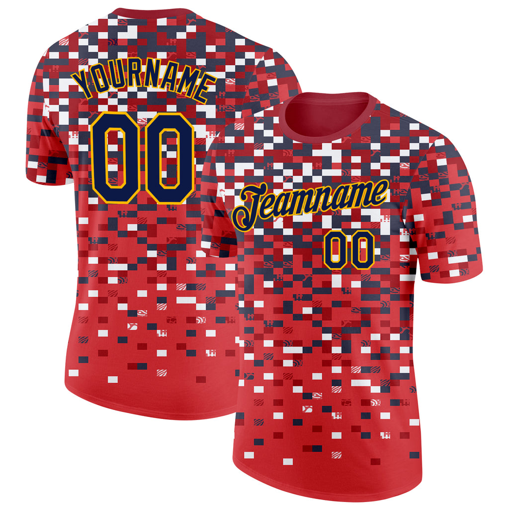 Custom Red Navy-Gold Geometric Digital Mosaic Performance T-Shirt