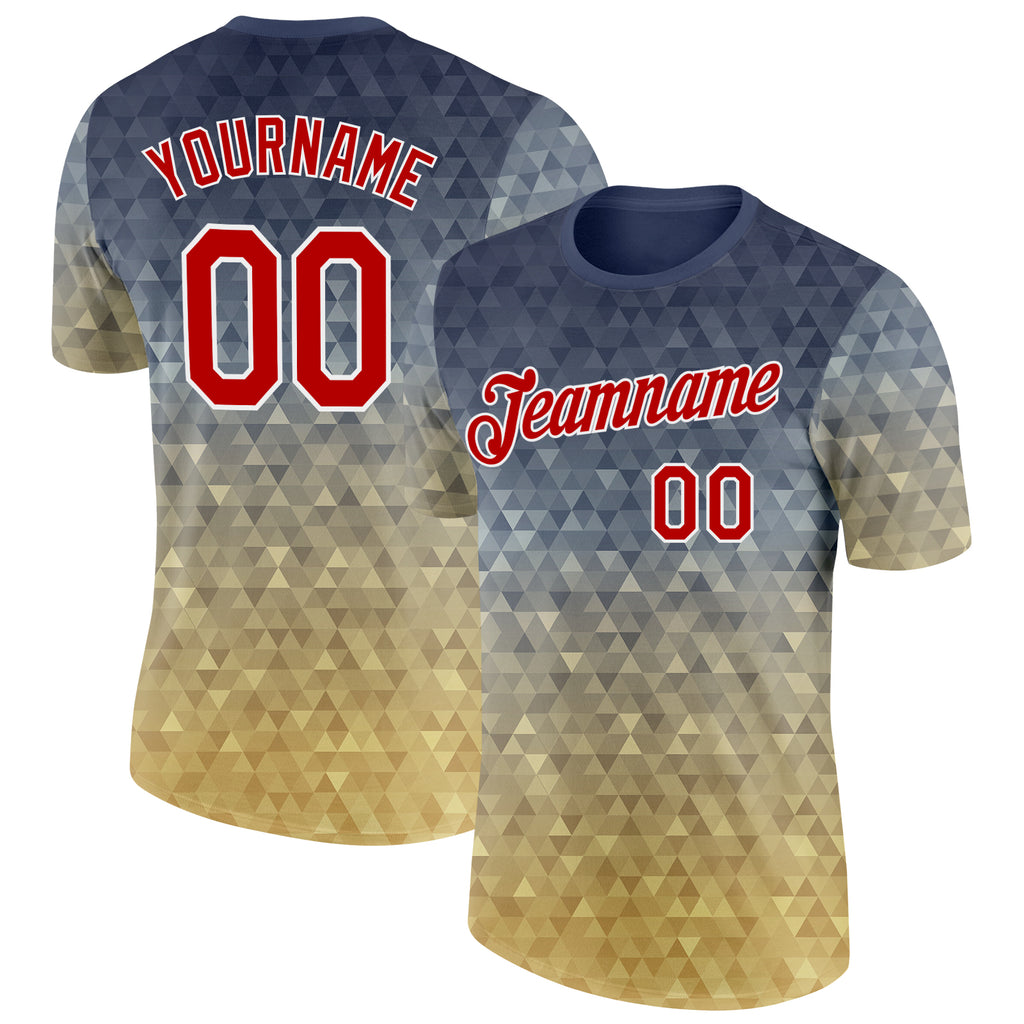 Custom Steel Gray Red Old Gold-White Geometric Gradient Digital Mosaic Performance T-Shirt