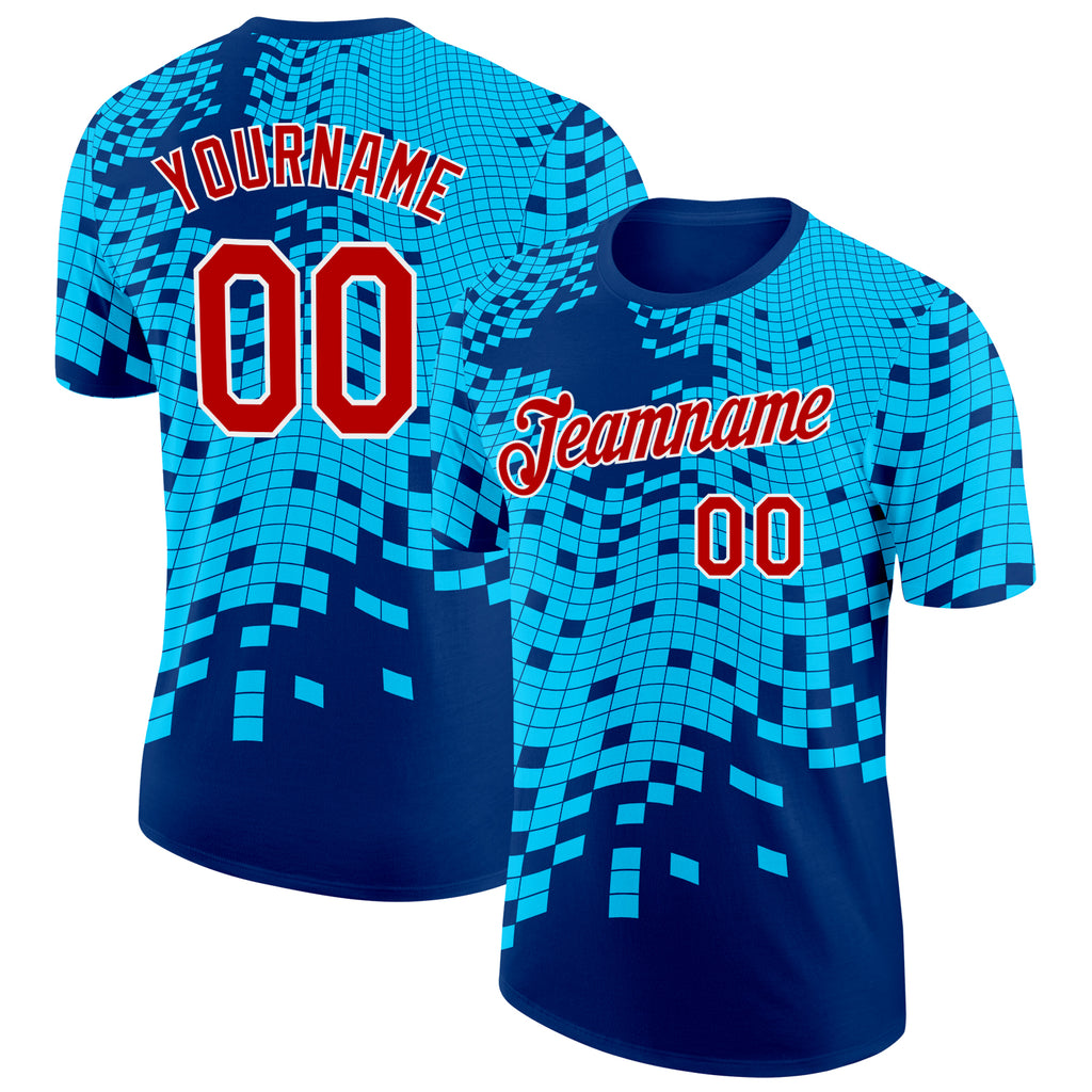 Custom Blue Red-White Geometric Digital Mosaic Performance T-Shirt