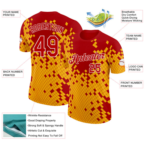Custom Red Yellow-White Geometric Digital Mosaic Performance T-Shirt