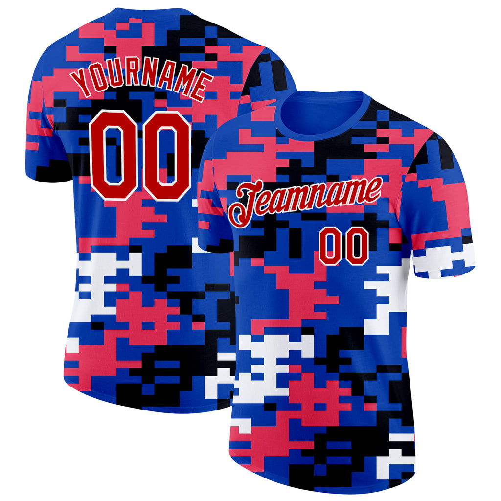 Custom Thunder Blue Red Pink Black-White Geometric Digital Mosaic Performance T-Shirt