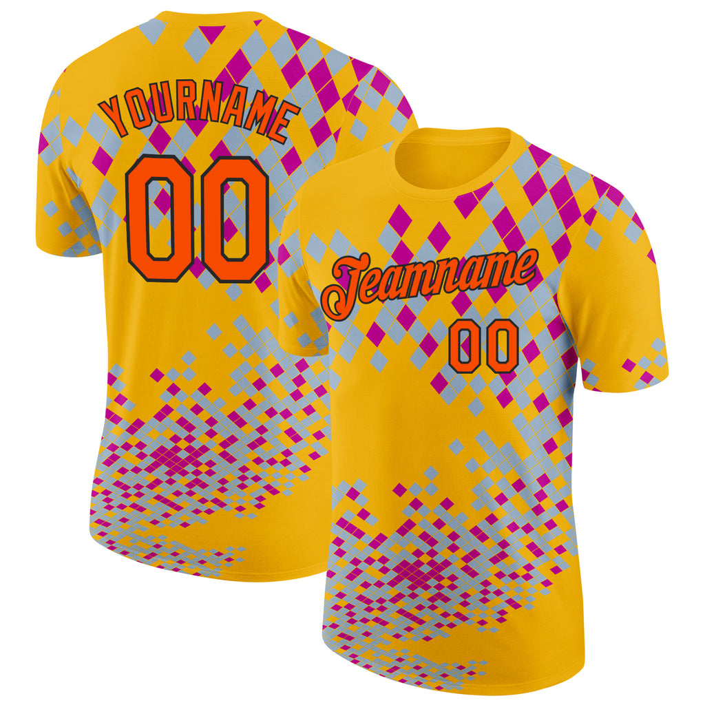 Custom Gold Orange Gray Purple-Black Geometric Digital Mosaic Performance T-Shirt