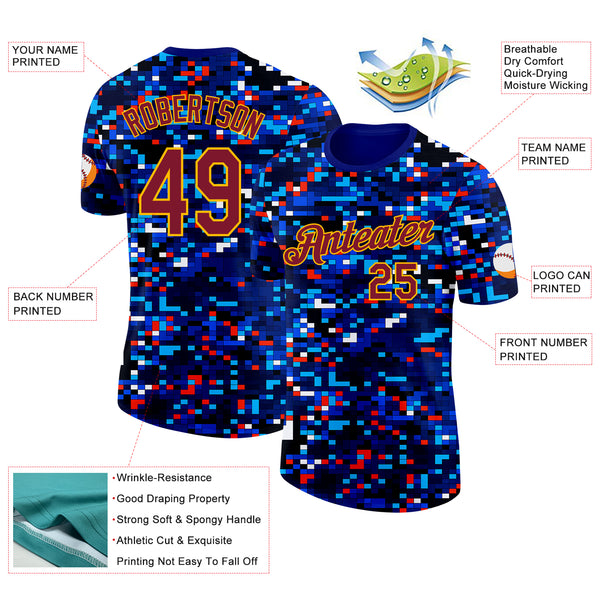 Custom Blue Crimson-Gold Geometric Digital Mosaic Performance T-Shirt