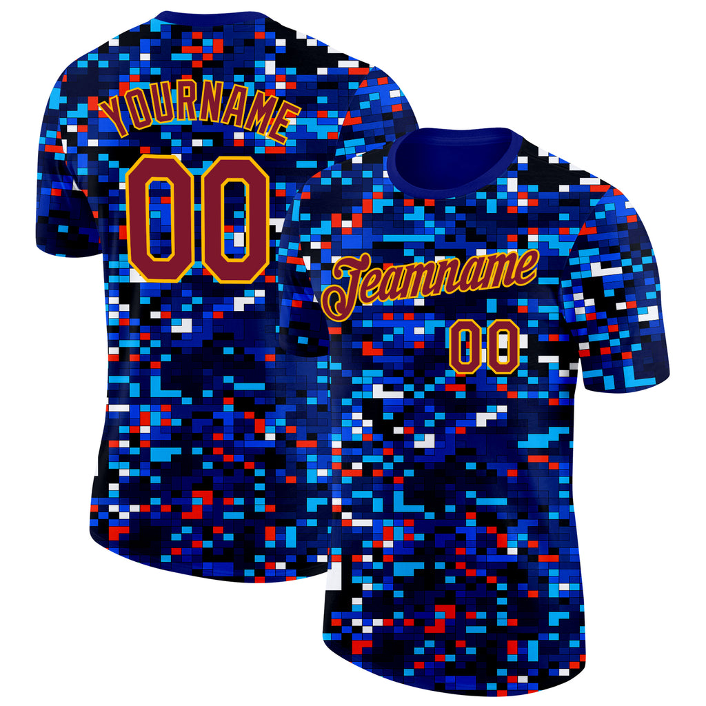 Custom Blue Crimson-Gold Geometric Digital Mosaic Performance T-Shirt
