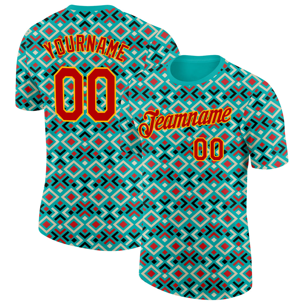 Custom Aqua Red-Gold Geometric Digital Mosaic Performance T-Shirt