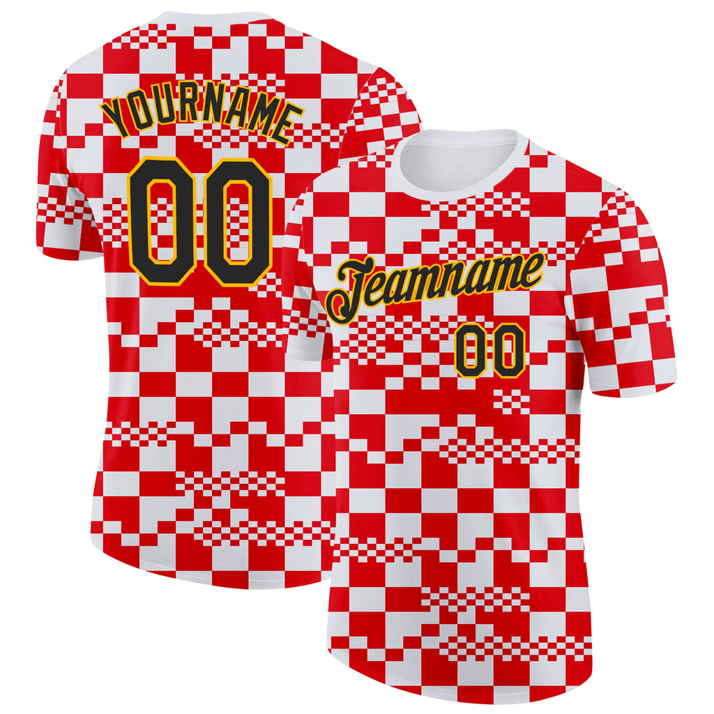Custom White Black Red-Gold Geometric Digital Mosaic Performance T-Shirt