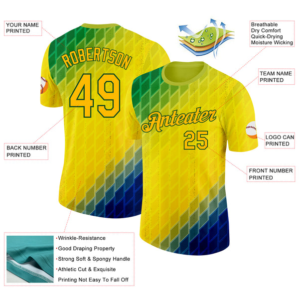 Custom Green Gold-Blue Geometric Digital Mosaic Performance T-Shirt