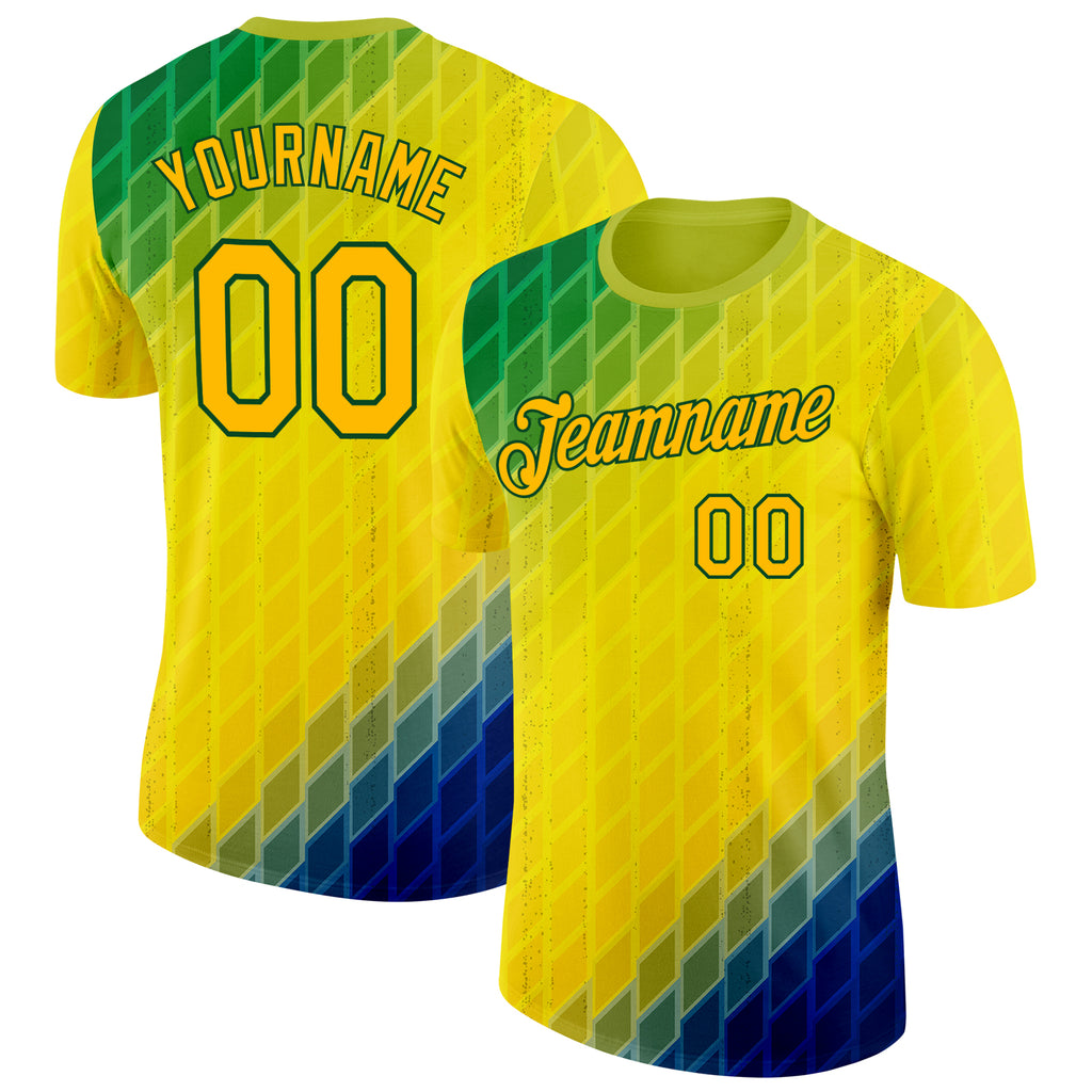 Custom Green Gold-Blue Geometric Digital Mosaic Performance T-Shirt