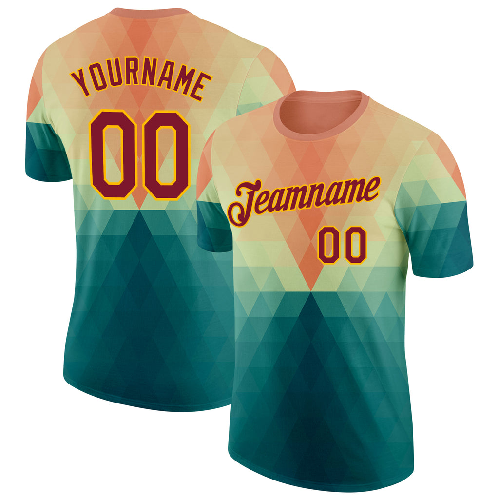 Custom Green Crimson Pink-Gold Geometric Gradient Digital Mosaic Performance T-Shirt