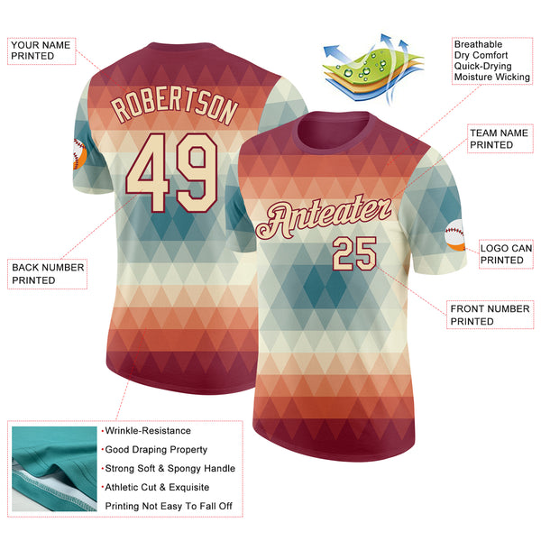 Custom Crimson Cream-Blue Geometric Gradient Digital Mosaic Performance T-Shirt