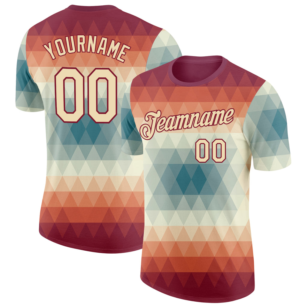 Custom Crimson Cream-Blue Geometric Gradient Digital Mosaic Performance T-Shirt