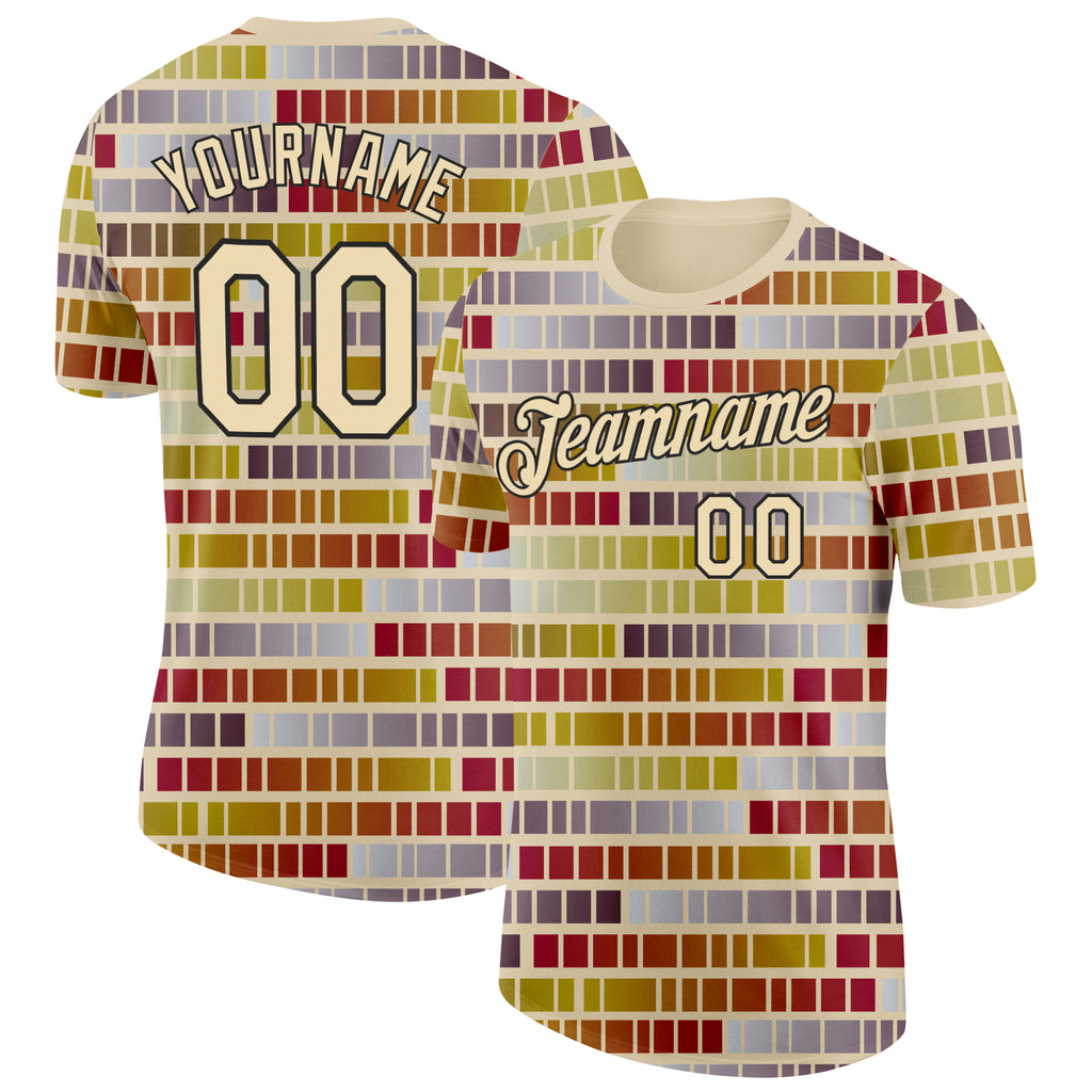 Custom Cream Green-Black Geometric Digital Mosaic Performance T-Shirt