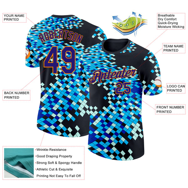 Custom Black Dark Purple Blue-Bay Orange Geometric Digital Mosaic Performance T-Shirt