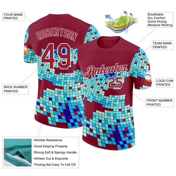 Custom Cardinal Green Blue-White Geometric Digital Mosaic Performance T-Shirt