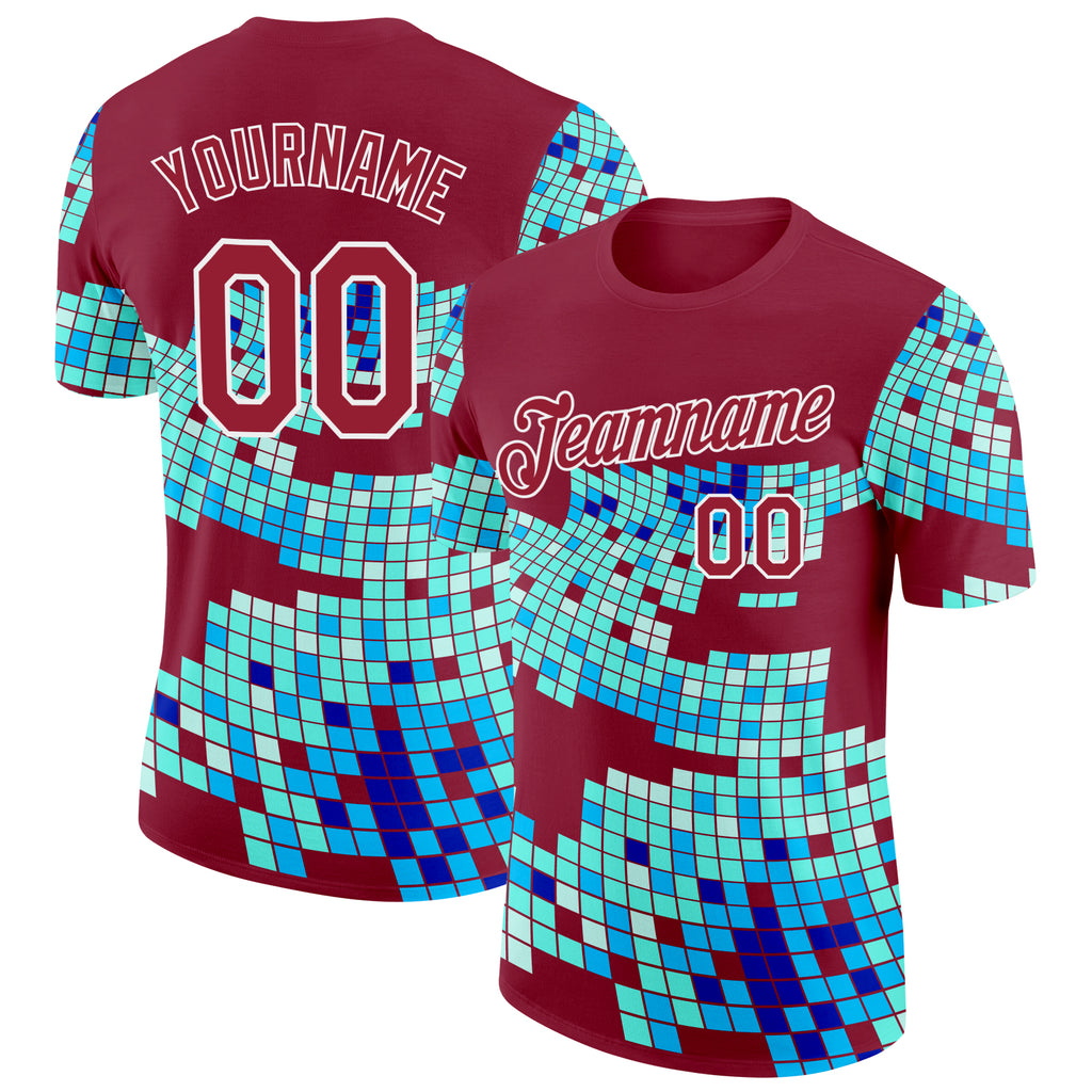 Custom Cardinal Green Blue-White Geometric Digital Mosaic Performance T-Shirt
