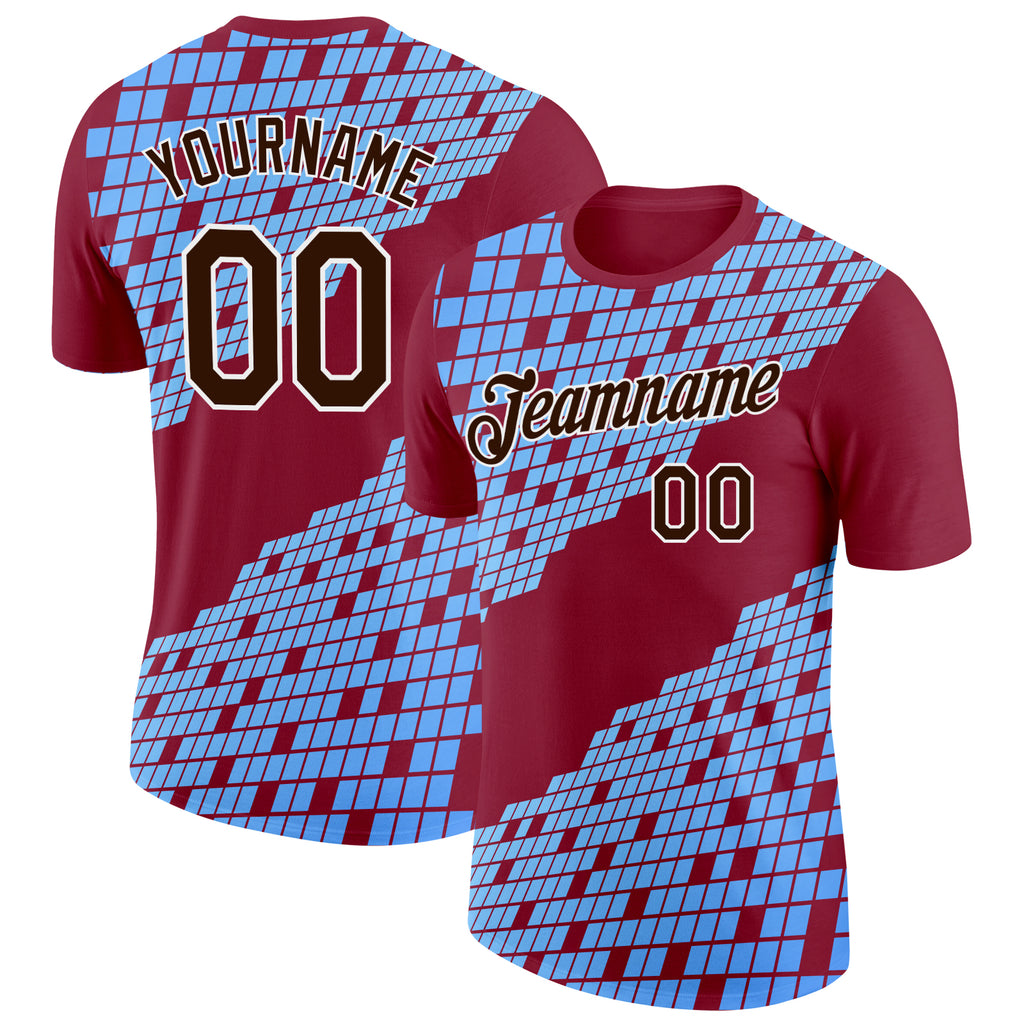 Custom Cardinal Brown Blue-White Geometric Digital Mosaic Performance T-Shirt