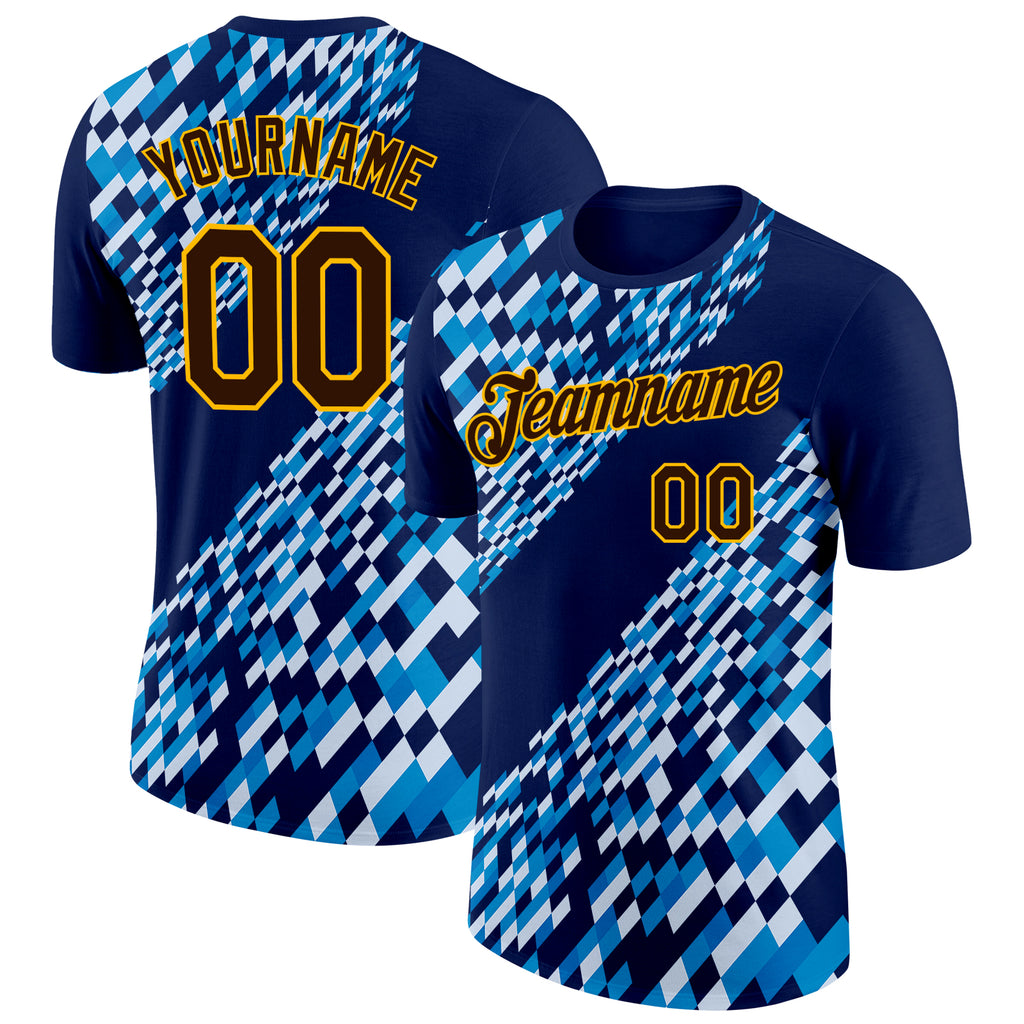 Custom Navy Brown Blue-Gold Geometric Digital Mosaic Performance T-Shirt