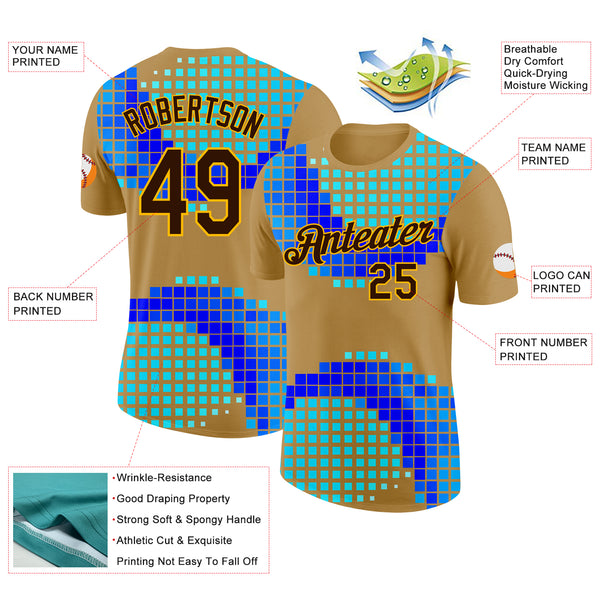 Custom Old Gold Brown Green Blue-Gold Geometric Digital Mosaic Performance T-Shirt