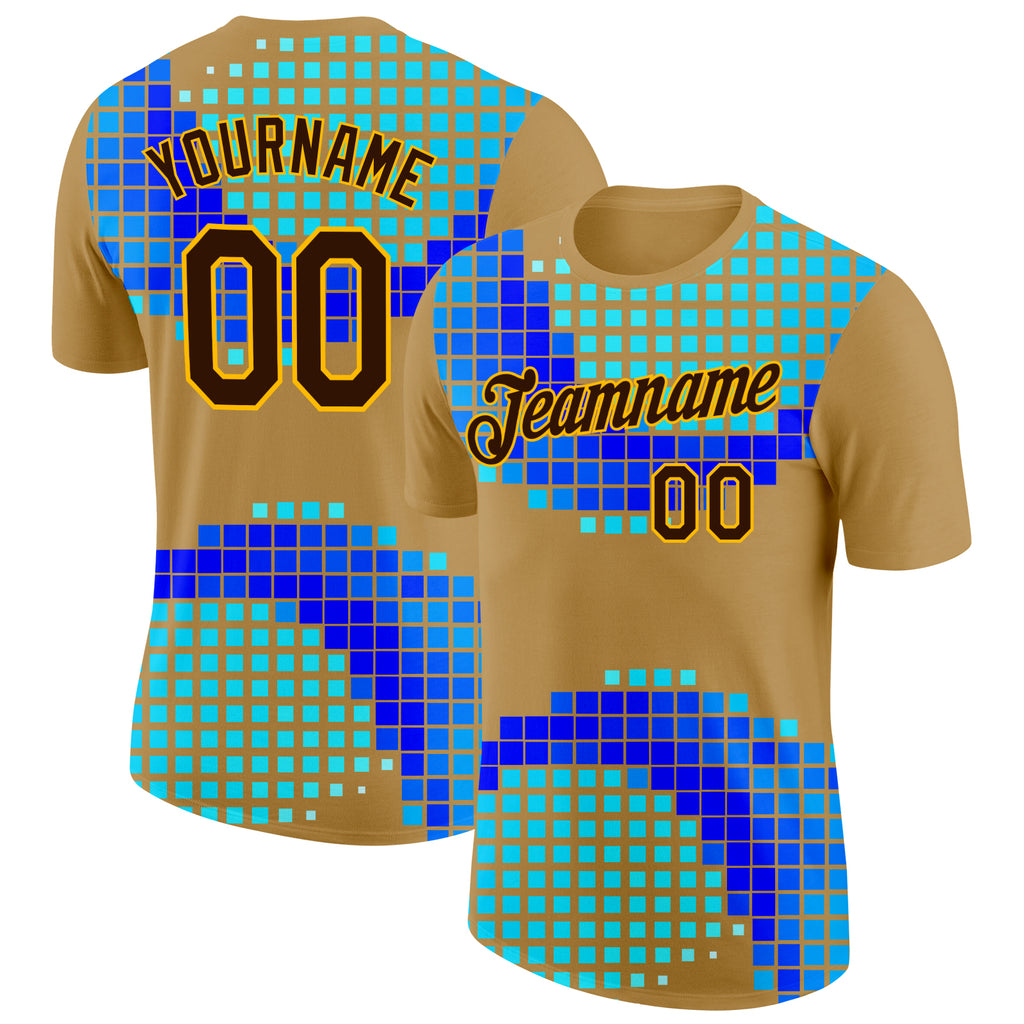 Custom Old Gold Brown Green Blue-Gold Geometric Digital Mosaic Performance T-Shirt