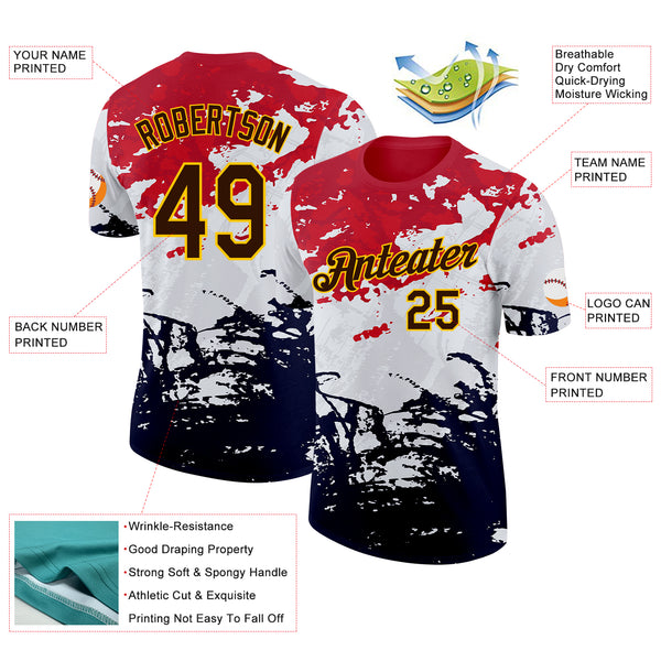 Custom Red Brown Black-Yellow Grunge Paint Splatter Performance T-Shirt