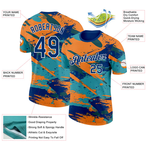 Custom US Navy Blue Orange Green-White Grunge Paint Splatter Performance T-Shirt
