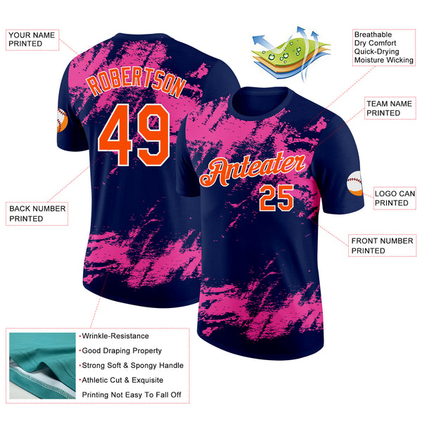 Custom Navy Orange Pink-White Grunge Paint Splatter Performance T-Shirt