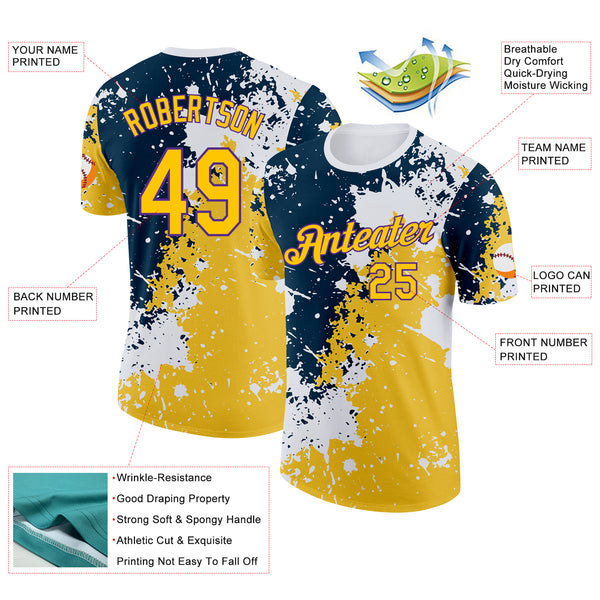 Custom White Yellow Blue-Purple Grunge Paint Splatter Performance T-Shirt