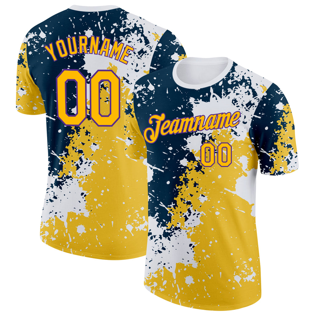 Custom White Yellow Blue-Purple Grunge Paint Splatter Performance T-Shirt