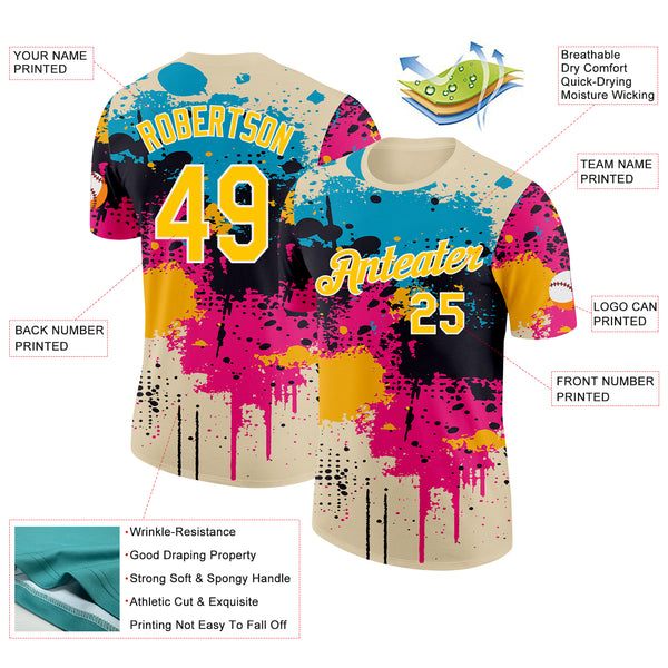 Custom Cream Yellow Blue Pink-White Dripping Grunge Paint Splatter Performance T-Shirt