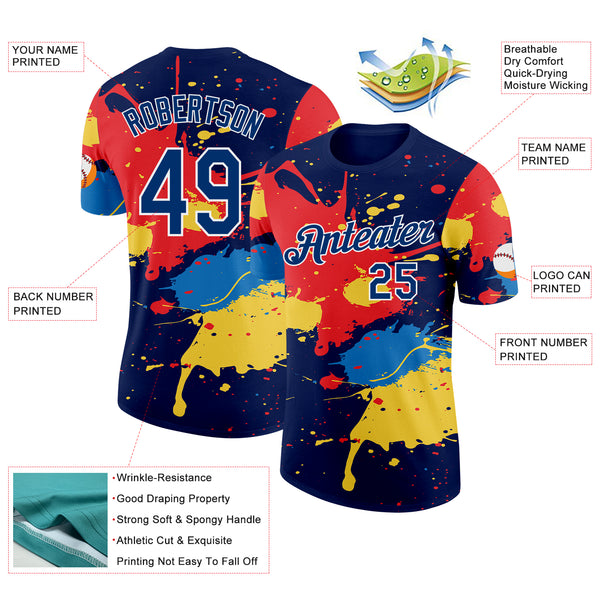 Custom Navy US Navy Blue Red Yellow-White Dripping Grunge Paint Splatter Performance T-Shirt