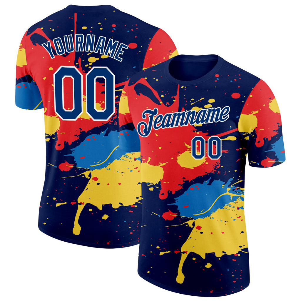 Custom Navy US Navy Blue Red Yellow-White Dripping Grunge Paint Splatter Performance T-Shirt