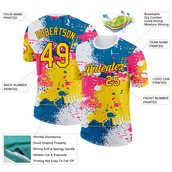 Custom White Yellow Blue Pink-Brown Grunge Paint Splatter Performance T-Shirt