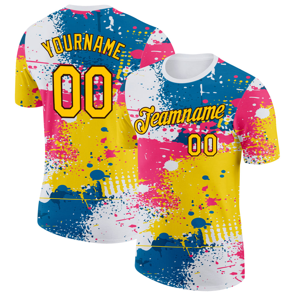 Custom White Yellow Blue Pink-Brown Grunge Paint Splatter Performance T-Shirt