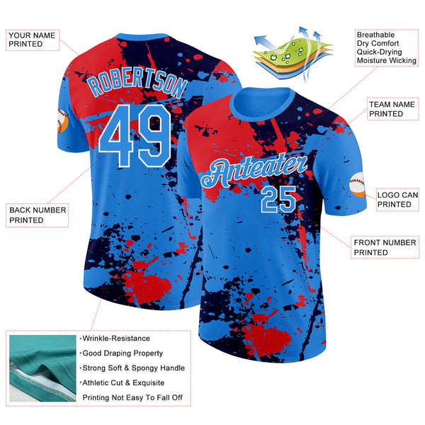 Custom Powder Blue Red Black-White Grunge Paint Splatter Performance T-Shirt