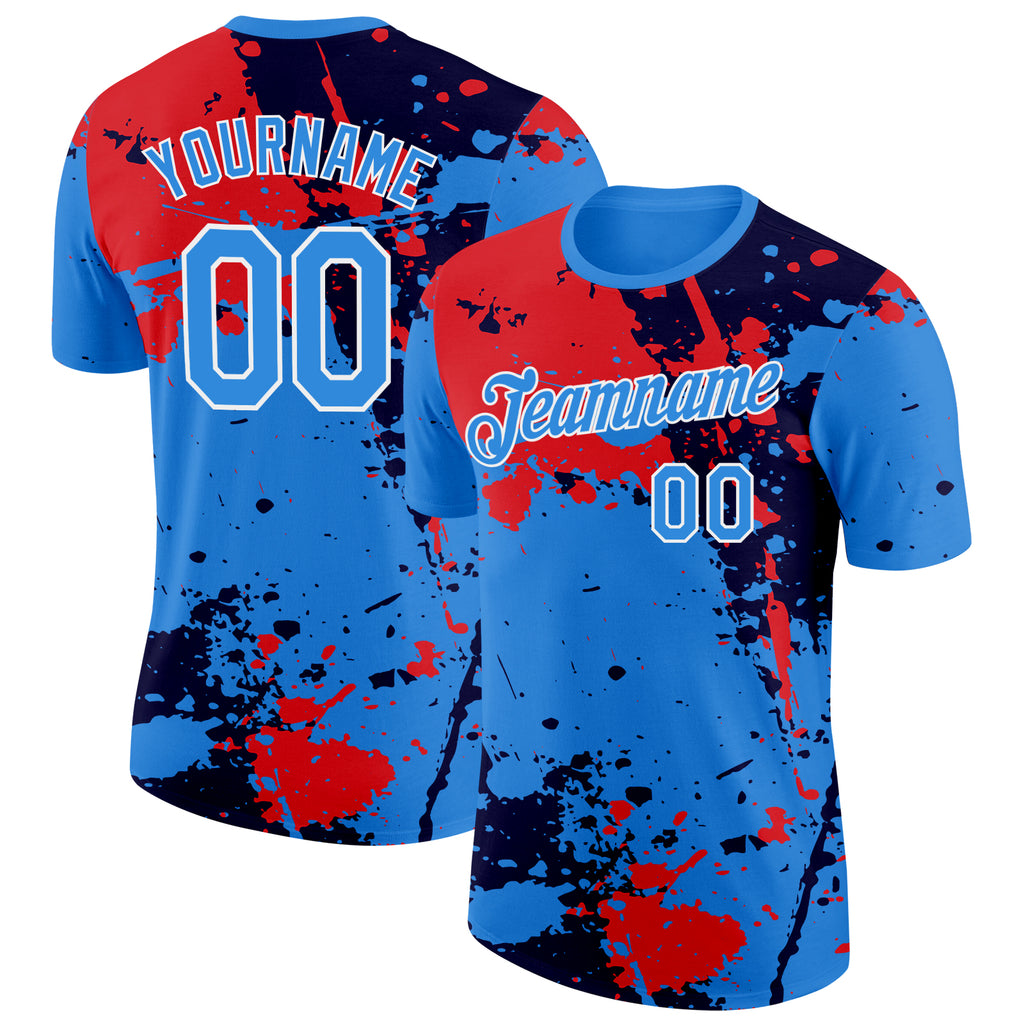 Custom Powder Blue Red Black-White Grunge Paint Splatter Performance T-Shirt