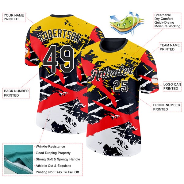 Custom Black Yellow Red-White Grunge Paint Splatter Performance T-Shirt
