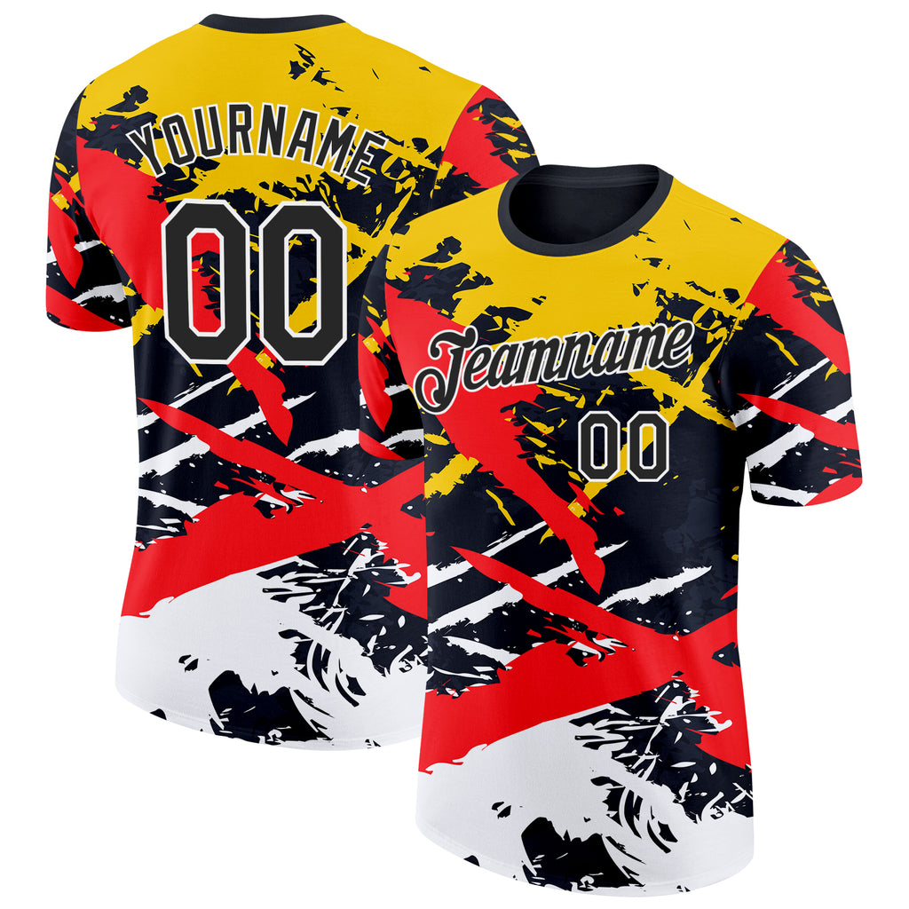 Custom Black Yellow Red-White Grunge Paint Splatter Performance T-Shirt
