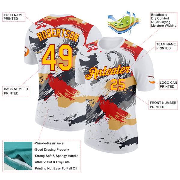 Custom White Yellow Gray-Red Grunge Paint Splatter Performance T-Shirt