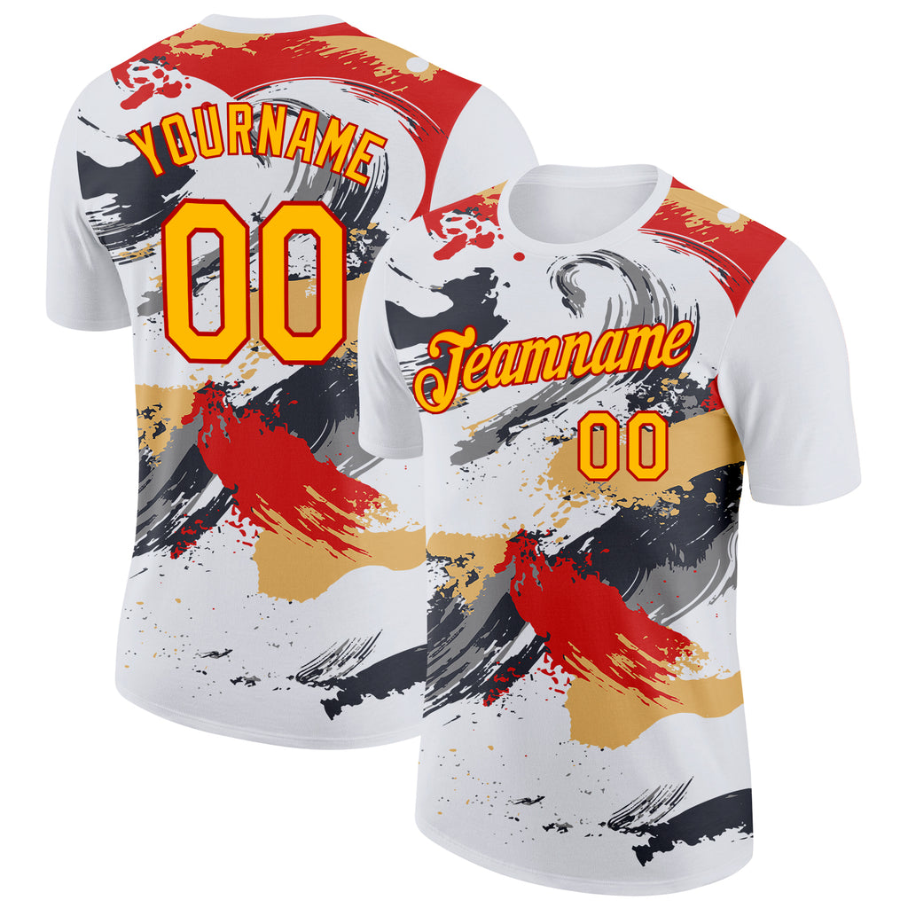 Custom White Yellow Gray-Red Grunge Paint Splatter Performance T-Shirt