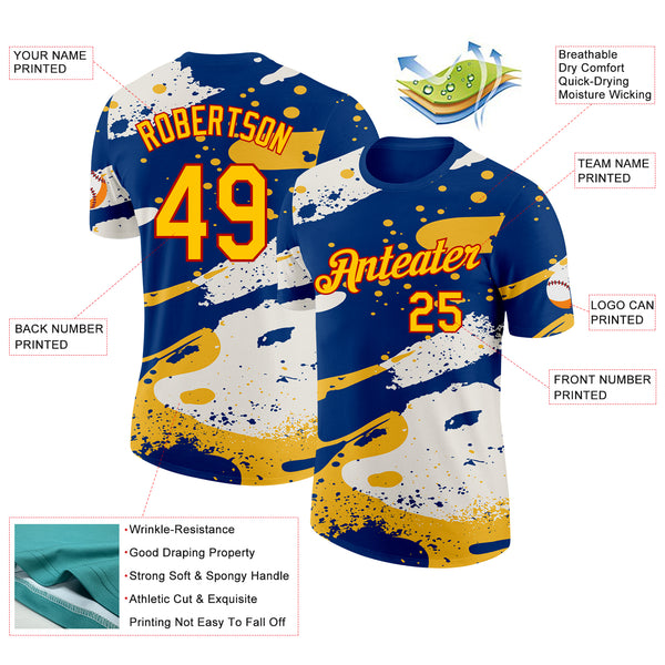 Custom US Navy Blue Yellow-Red Grunge Paint Splatter Performance T-Shirt