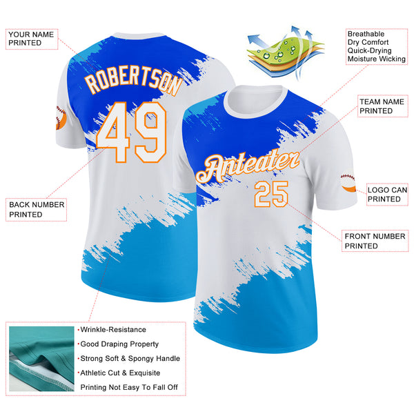 Custom White Blue-Bay Orange Grunge Paint Splatter Performance T-Shirt