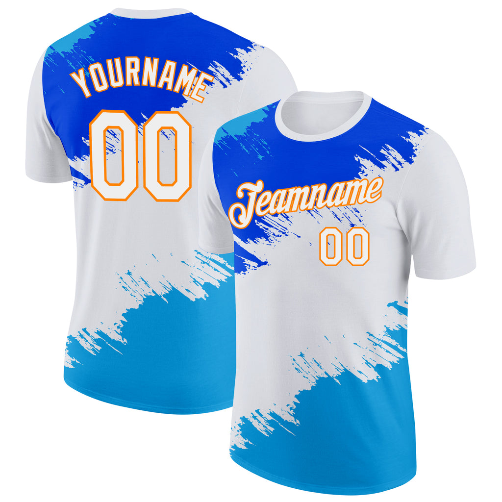 Custom White Blue-Bay Orange Grunge Paint Splatter Performance T-Shirt