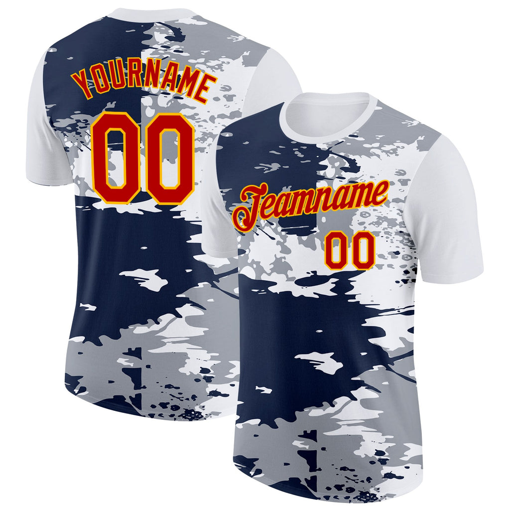 Custom White Red Gray Blue-Yellow Grunge Paint Splatter Performance T-Shirt